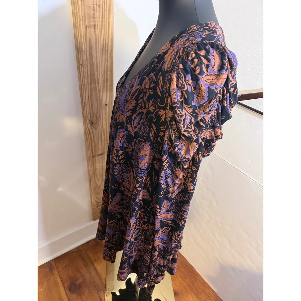 Free People Black& Orange Floral Boho Dress Top Long Sleeve Keyhole‎ Back Small